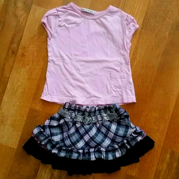 George Girls Pink Short Sleeve Shirt with Plaid Black Skirt Outfit‎ Size 4-5 - Picture 1 of 12